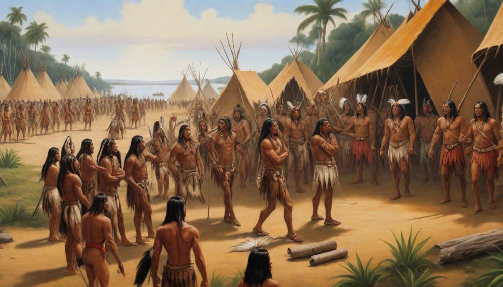 Depiction of Native Americans trading with Spanish colonists in the 1600s