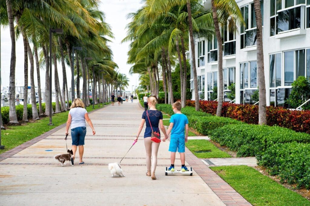 People stroll along a wide, palm tree-lined path in the South of Fifth area of Miami Beach. A woman walks two dogs, and a mother holds hands with a boy on a hoverboard, with modern white buildings on the right and a marina on the left.