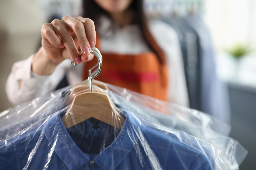 The female receptionist extends a freshly cleaned suit, freshly dry-cleaned and neatly pressed, towards the client