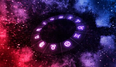 Zodiac signs within a circular horoscope set against a backdrop of the universe, reflecting astrology and horoscopes