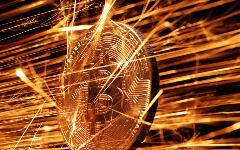 Illustration shows sparks strike representation of cryptocurrency Bitcoin