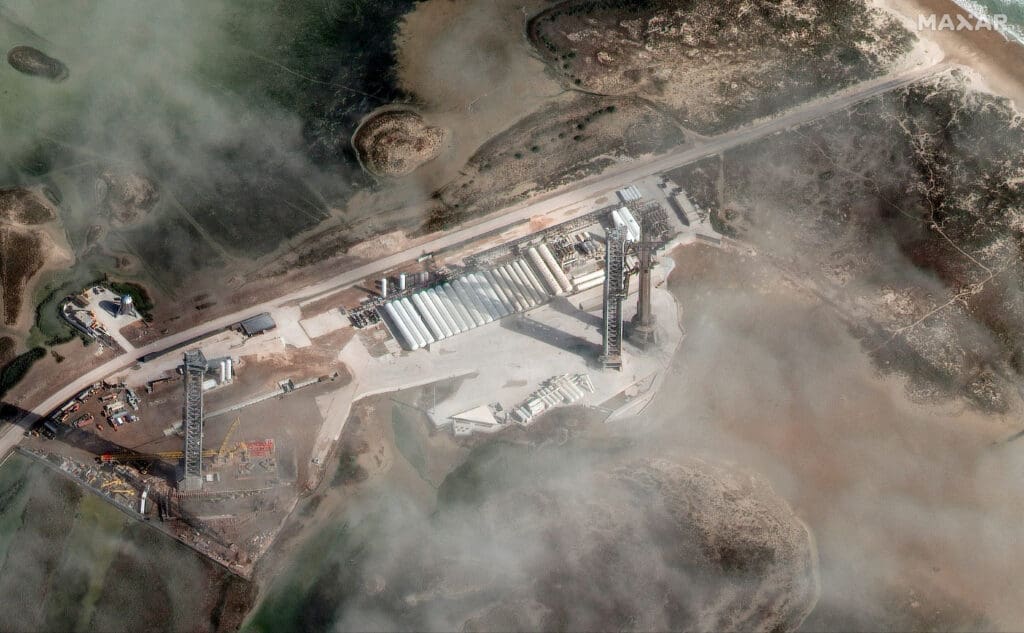 Overview of the Starbase and Space X's Starship on the launch pad, in Boca Chica, Texas