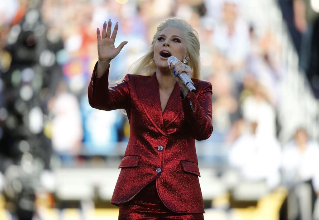 Lady Gaga sings the U.S. National Anthem before the start of the NFL's Super Bowl 50 between the Carolina Panthers and the Denver Broncos in Santa Clara