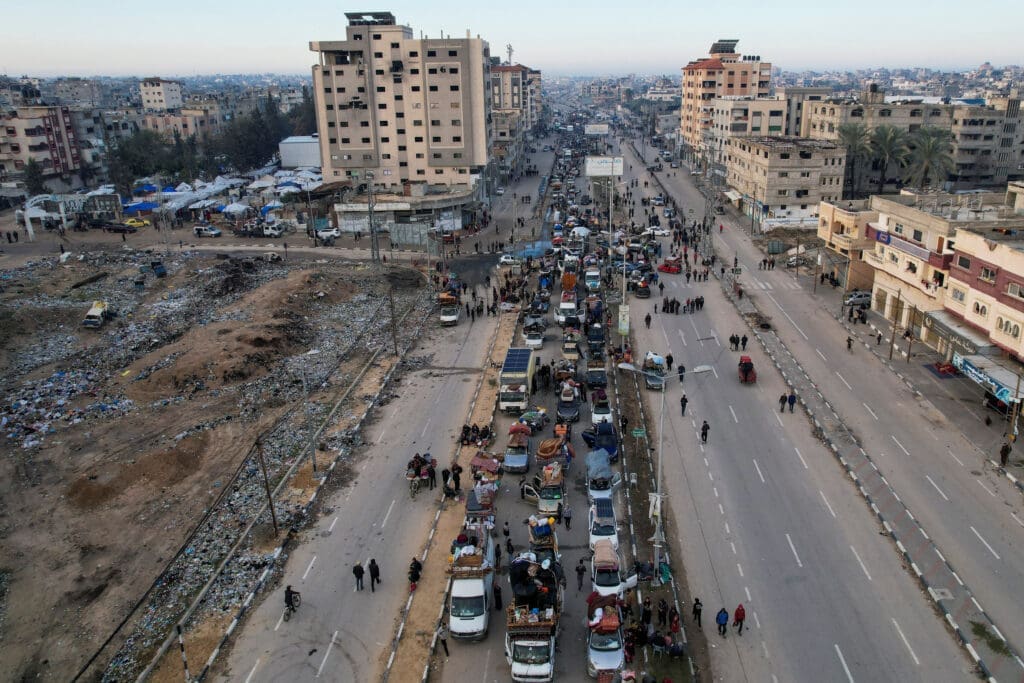 A drone view shows displaced Palestinians waiting to be allowed to return to their homes in northern Gaza, in the central Gaza Strip