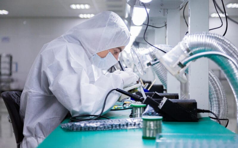 Chinese factory workers in white lab coats and face masks are seated at their stations, engaged in semiconductor production