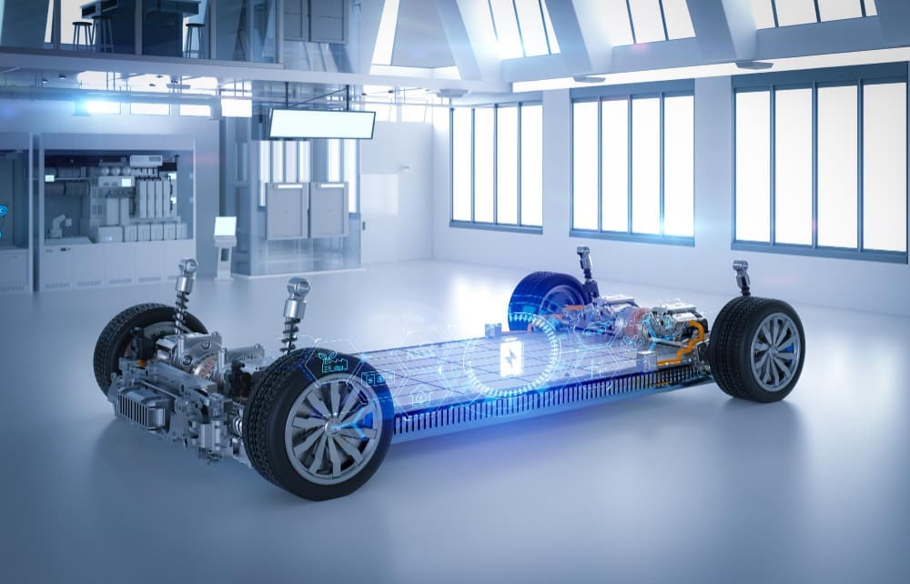 Research and development of electric vehicles featuring a battery cell module on a platform within a laboratory setting