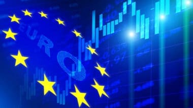 A Stock market background with a Flag of the European Union and market charts