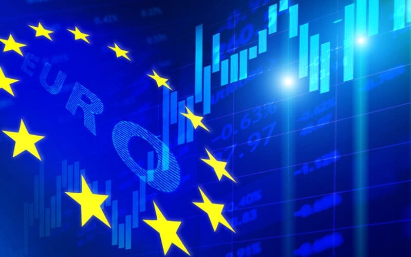 A Stock market background with a Flag of the European Union and market charts