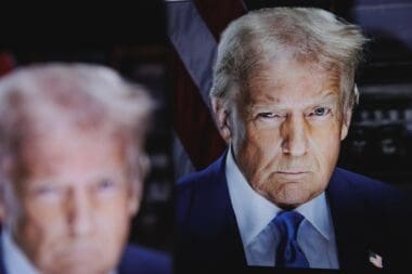 Donald Trump new official portrait. The president of the United States of America displayed on the screen. January 20, 2025.