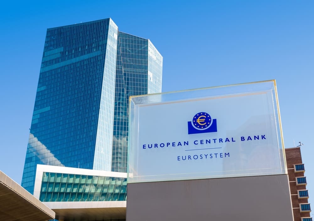 Low angle view of the sign and logo of the European Central Bank at the northern entrance of the Skytower building, headquarters of the ECB since 2015
