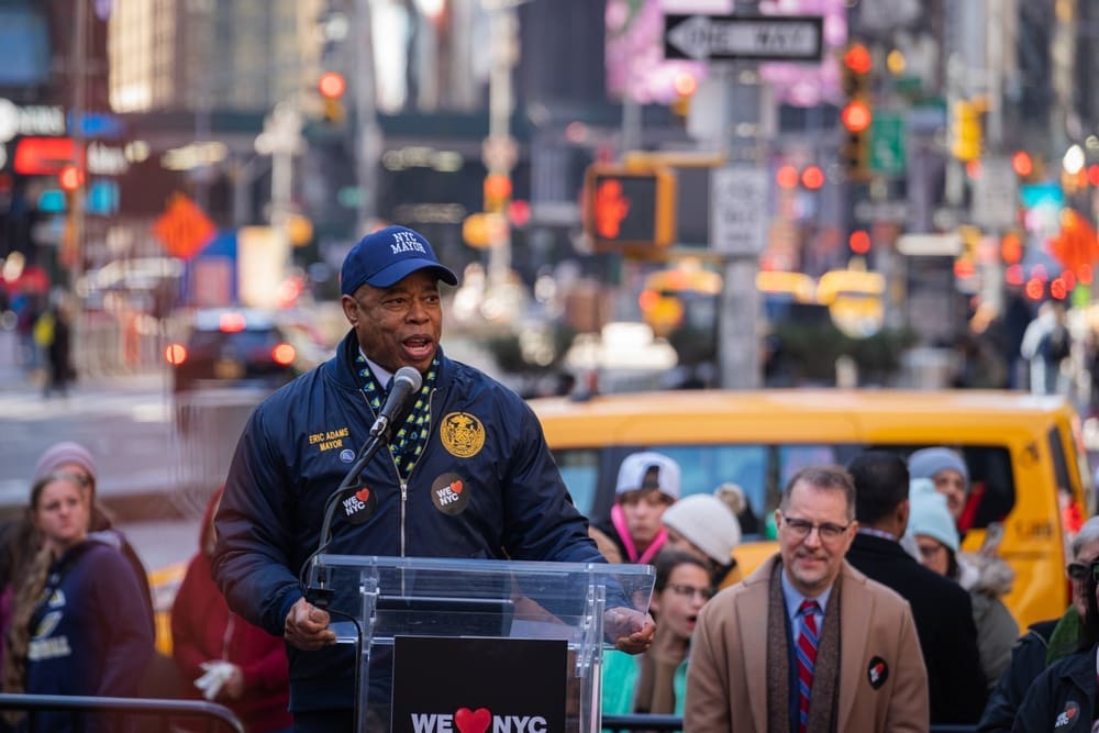 Mayor Eric Adams delivers remarks at the kick off of the We Love NYC Campaign