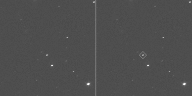 NASA’s Lucy spacecraft’s first views of the asteroid Donaldjohanson. The asteroid is outlined with a square in the right image to guide the eye