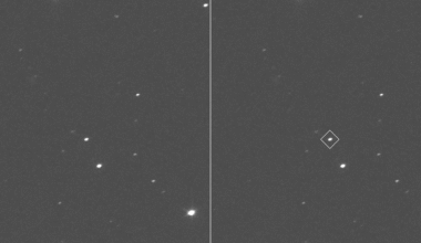 NASA’s Lucy spacecraft’s first views of the asteroid Donaldjohanson. The asteroid is outlined with a square in the right image to guide the eye