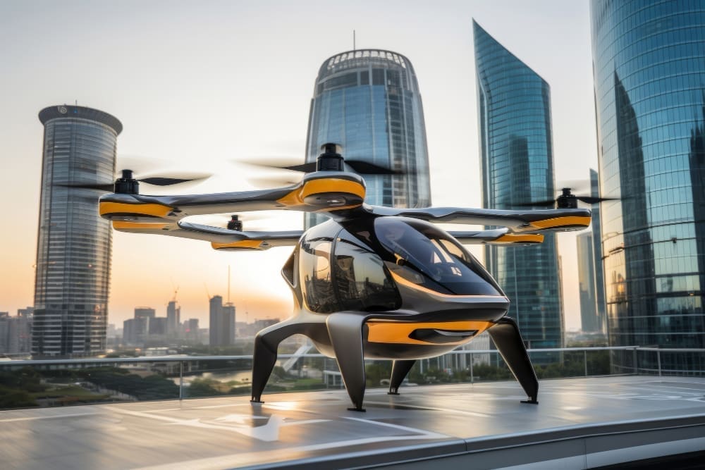 Perspective of a futuristic flying taxi