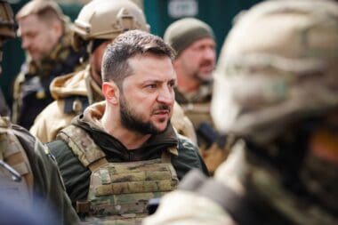President of Ukraine Volodymyr Zelenskyy visit Bucha town after liberation it from Russian occupiers during Russian Ukrainian war
