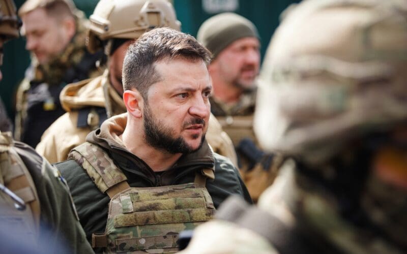 President of Ukraine Volodymyr Zelenskyy visit Bucha town after liberation it from Russian occupiers during Russian Ukrainian war