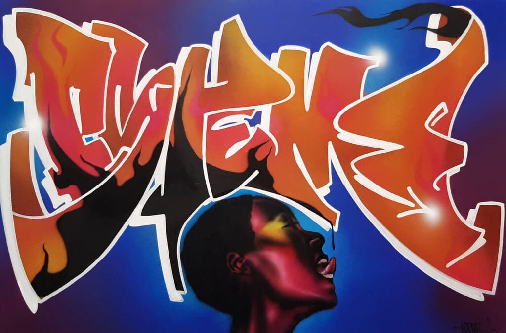 A vibrant graffiti art piece featuring large, bold orange and red bubble letters that spell "QUEEN," with flames and arrows, set above a profile portrait of a person with dark skin and an open mouth, all against a blue and purple background.