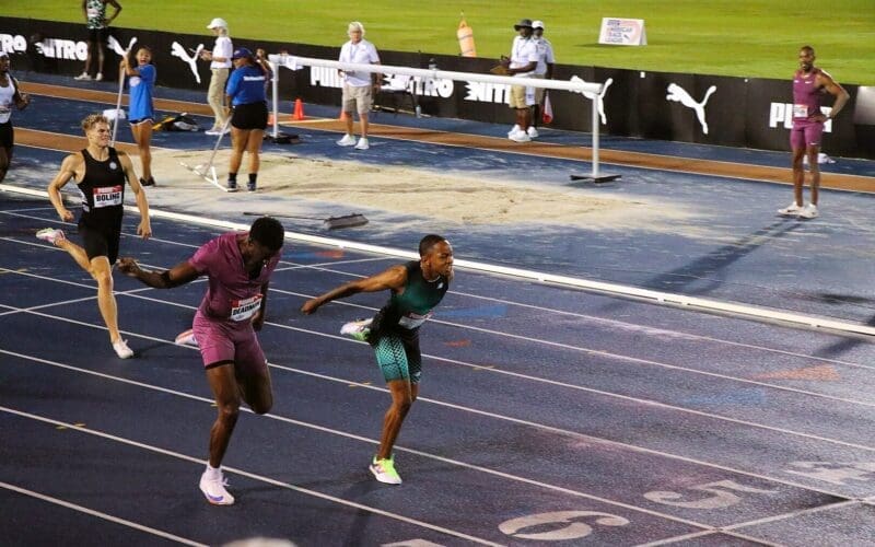Quincy Wilson narrowly defeats Bryce Deadmon to establish the high school 400m record at the Holloway Pro Classic. Photo by CooperRiverRunner - Own work, CC0, via Wikimedia Commons