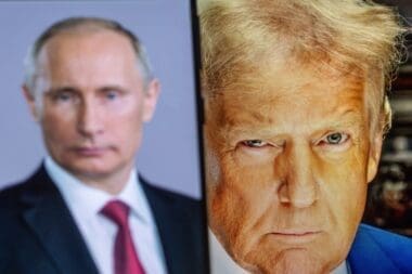 US President Donald Trump is sharp in the background, while Russian president Vladimir Putin is blurred in the foreground, USA, Washington, February 16, 2025