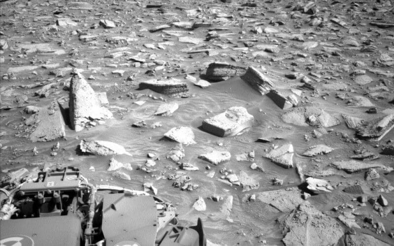 NASA's Mars rover Curiosity acquired this image, which includes the pyramid-shaped rock at left in the photo, the science target dubbed “Pyramid Lake,” using its Left Navigation Camera. The rover acquired the image on sol 4452, or Martian day 4,452 of the Mars Science Laboratory mission, on Feb. 13, 2025, at 14:22:06 UTC. NASA/JPL-Caltech