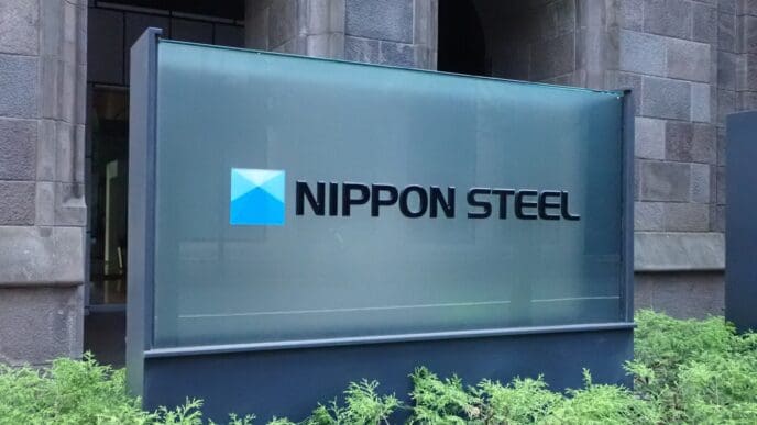 Chiyoda ward,Tokyo Japan-Dec01,2024The logo of Nippon Steel Corporation is displayed at the company headquarters in Tokyo, Japan