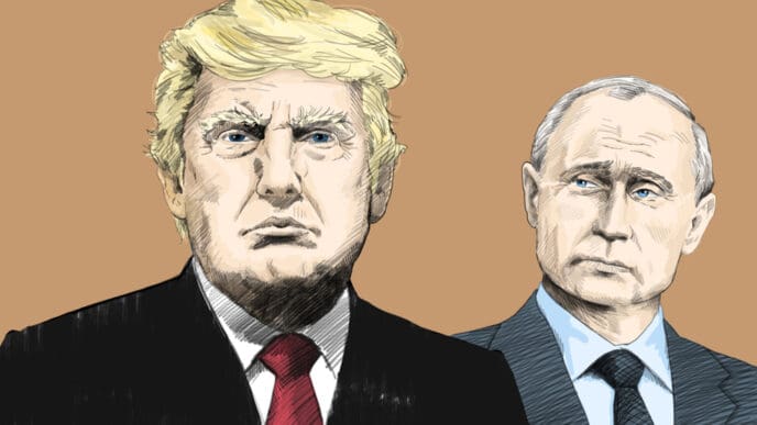Donald Trump and Vladimir Putin. Portrait Drawing Illustration. July 11, 2018