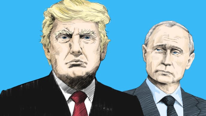 Donald Trump and Vladimir Putin. Portrait Drawing Illustration. July 11, 2018
