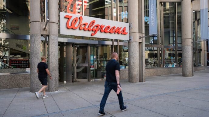 Front view of a Walgreens pharmacy store in Boston, Massachusetts