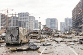 KYIV, UKRAINE - Mar. 29, 2022 War in Ukraine. Shopping center that was damaged by shelling on 21 March by a Russian attack in Kyiv, where according to emergency service, at least six people died