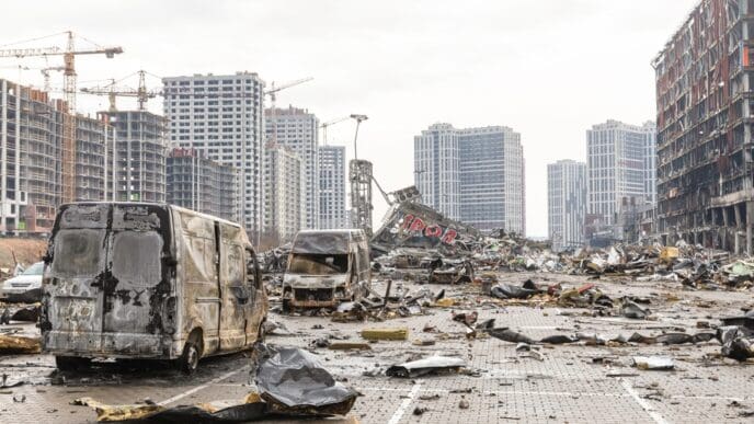 KYIV, UKRAINE - Mar. 29, 2022 War in Ukraine. Shopping center that was damaged by shelling on 21 March by a Russian attack in Kyiv, where according to emergency service, at least six people died