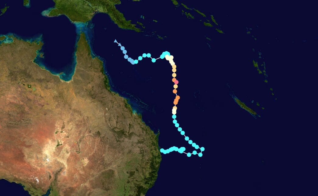 Map plotting the storm's track and intensity, according to the Saffir–Simpson scale showMap key