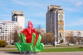 Minsk, Belarus-APRIL 26, 2022 State flags of the Republic of Belarus are waving in the wind on a flagpoles