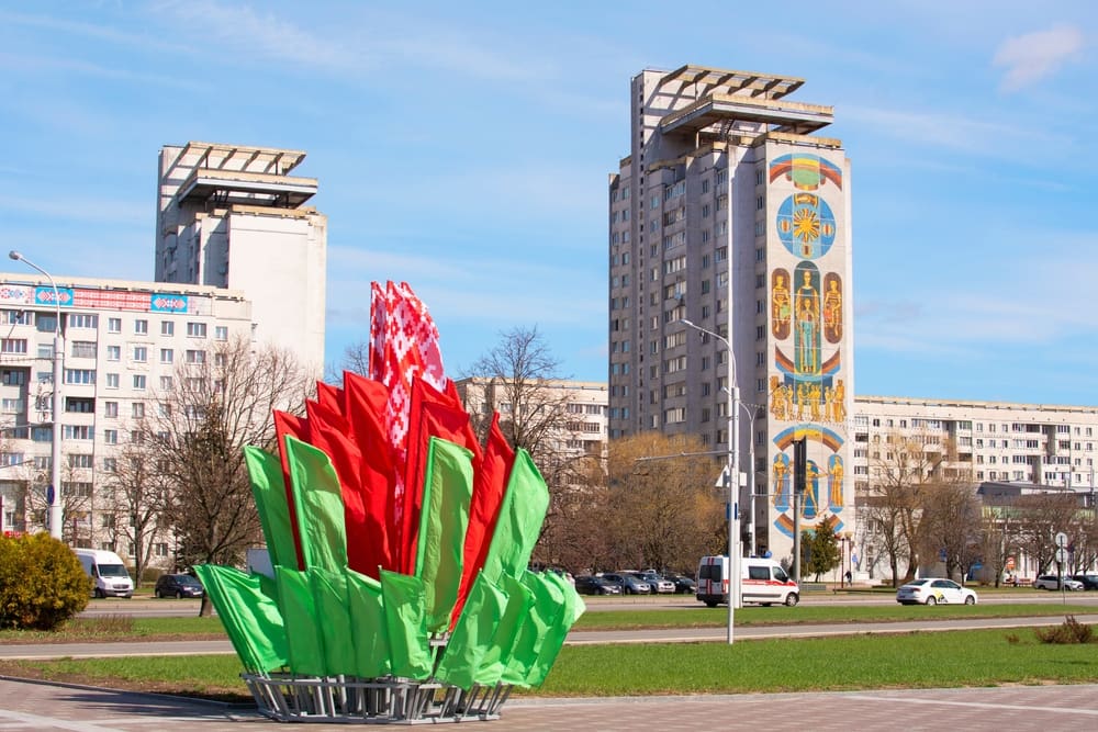 Minsk, Belarus-APRIL 26, 2022 State flags of the Republic of Belarus are waving in the wind on a flagpoles