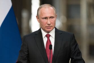 PARIS, FRANCE - MAY 29, 2017 : Vladimir Putin, the President of Russian Federation in press conference at the Palace of Versailles in the Battles gallery after a working visit with french President.