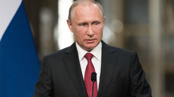 PARIS, FRANCE - MAY 29, 2017 : Vladimir Putin, the President of Russian Federation in press conference at the Palace of Versailles in the Battles gallery after a working visit with french President.