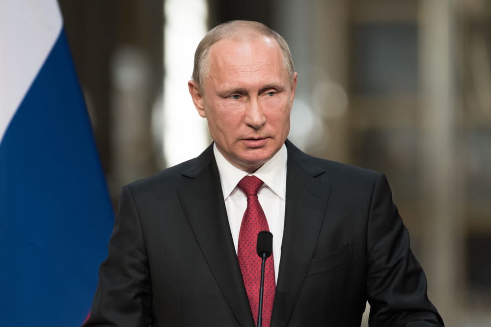 PARIS, FRANCE - MAY 29, 2017 : Vladimir Putin, the President of Russian Federation in press conference at the Palace of Versailles in the Battles gallery after a working visit with french President.