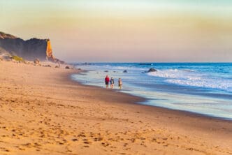 Scenic view of the Zuma Beach in Malibu with people enjoying a walk along the beach