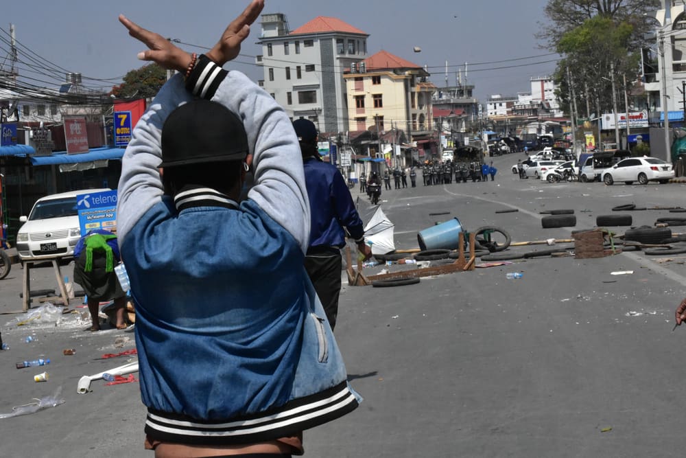 Taunggyi, Myanmar - 10 March 2021. Myanmar security forces cracking down on anti-coup protesters. By Shutterstock.com - R. Bociaga