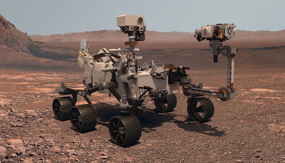 The Perseverance rover deploys its equipment against the backdrop of a true Martian landscape