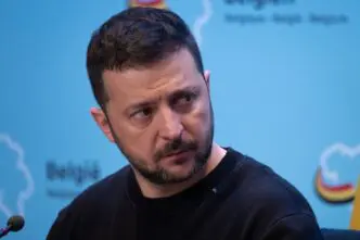 Ukrainian President Volodymyr Zelenskyy hold a joint press conference at the Prime Minister's Residence in Brussels, Begium on May 28, 2024. By Shutterstock.com - Alexandros Michailidis