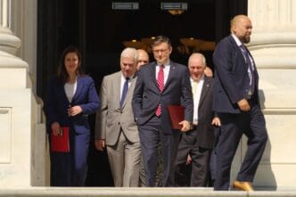 WASHINGTON, DC - May 16, 2024 House Speaker Mike Johnson (R-La.) walks out of the Capitol with the senior House leadership for a press conference.