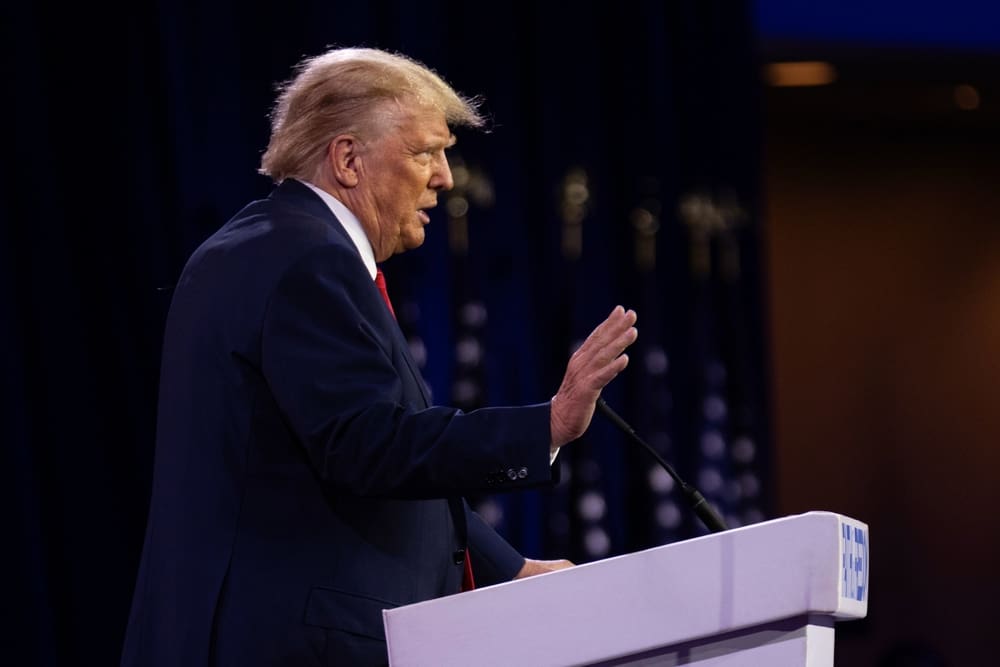 Washington DC USA - June 24 2023 Former President Donald Trump speaks at the Faith and Freedom Coalition's annual conference at the Washington Hilton in Washington DC. By Shutterstock - Aaronschwartzphoto