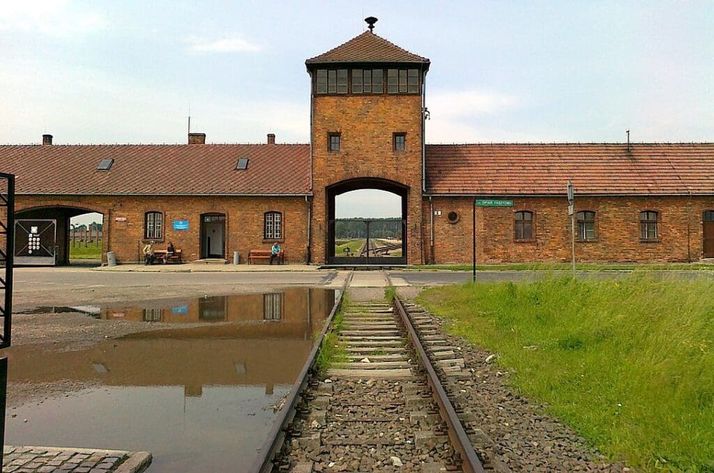 The gatehouse of Auschwitz II, also known as Auschwitz II-Birkenau, a Nazi German extermination camp in occupied Poland during the Holocaust