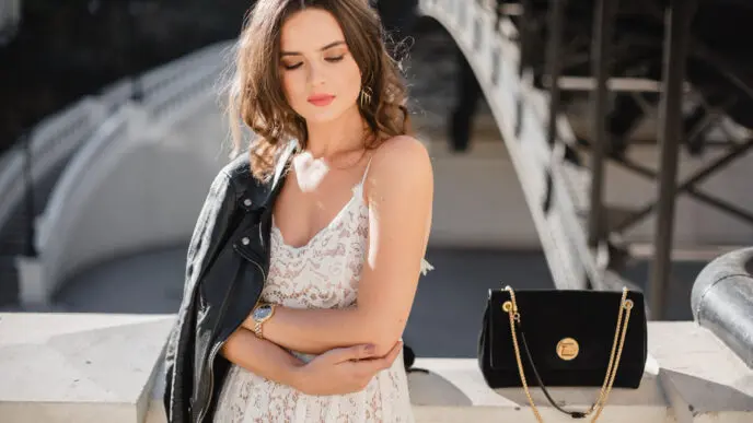 A chic and stylish woman poses on the street, showcasing her fashionable outfit and carrying a suede handbag