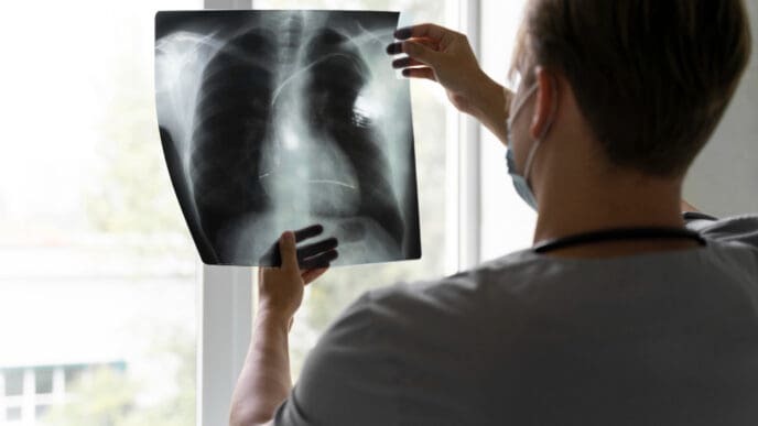 Back view of doctor looking at radiography