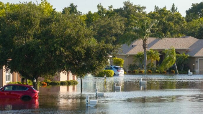 Flooded residential area with underwater houses and cars from storm. Aftermath of natural disaster in southern USA. By Shutterstock.com - Bilanol