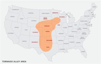 Map of the Tornado Alley area in the United States. By Shutterstock.com - Rainer Lesniewski
