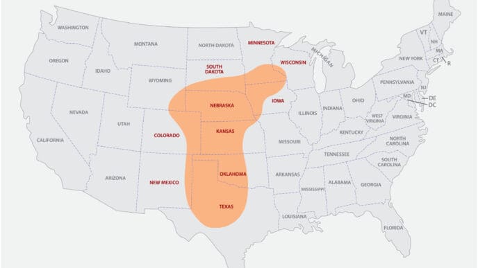 Map of the Tornado Alley area in the United States. By Shutterstock.com - Rainer Lesniewski