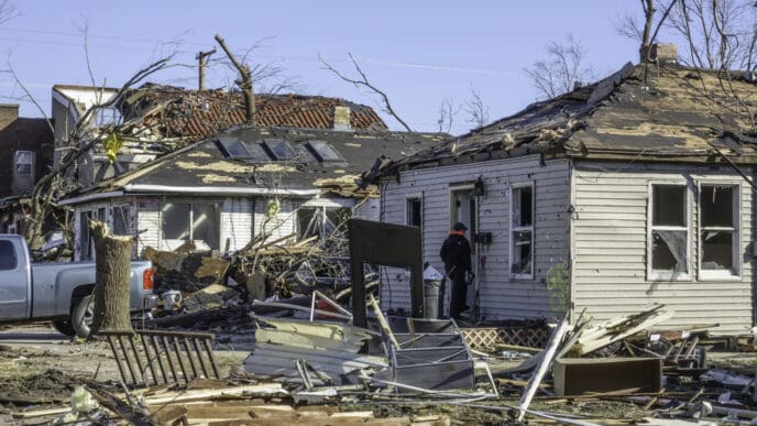 NAPLATE, ILLINOISUSA - MARCH 3, 2017. A young woman enters a small house severely damaged by an EF-3 tornado that devastated this small town. By Shutterstock.com - Ken Schulze