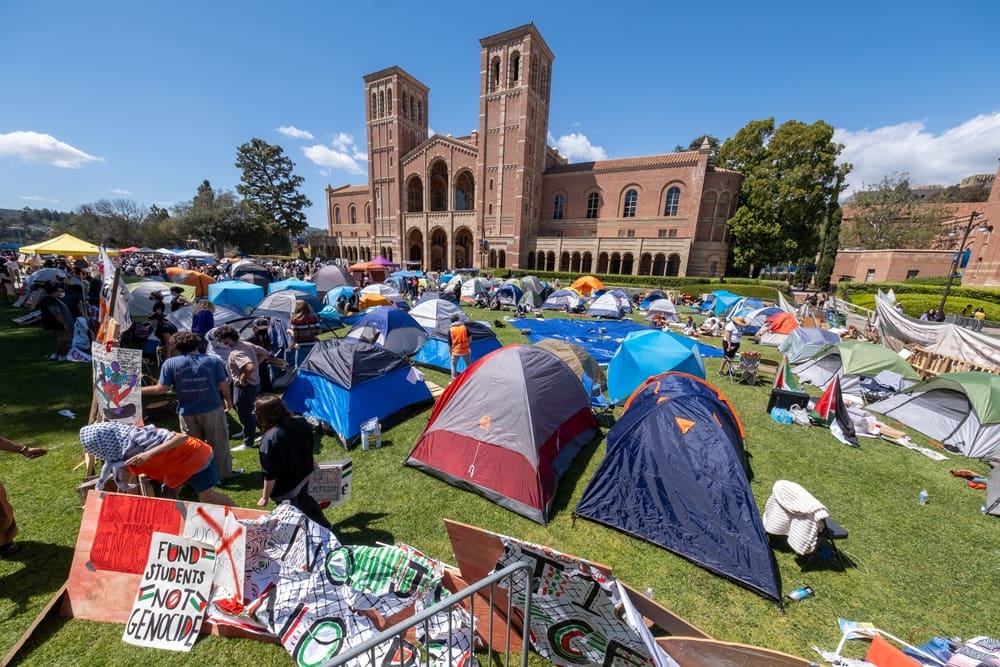 Pro-Palestinian protesters gathered at an encampment at the University of California, Los Angeles (UCLA), on April 26, 2024. By Shutterstock.com - Ringo Chiu